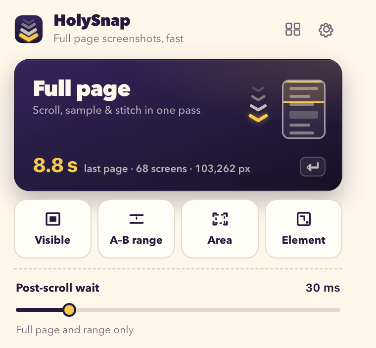 The HolySnap popup: Full page capture, last page 68 screens, 103,262 px, 8.8 s